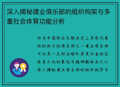 深入揭秘建业俱乐部的组织构架与多重社会体育功能分析