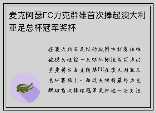 麦克阿瑟FC力克群雄首次捧起澳大利亚足总杯冠军奖杯 麦克阿瑟FC力克群雄首次捧起澳大利亚足总杯冠军奖杯
